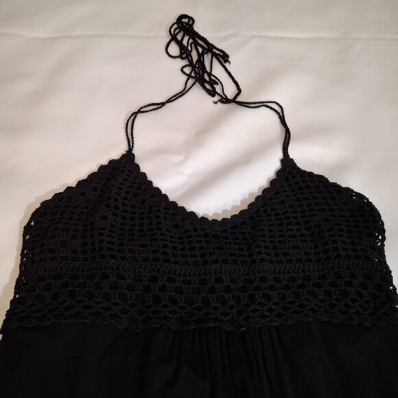 Crochet Halter Mini Sundress Black Beachy Slimming Empire Gathered Bodice Med - Picture 10 of 11